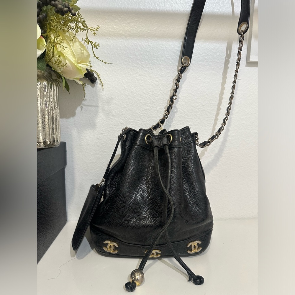 Vintage Chanel Black Leather Drawstring Bucket Bag